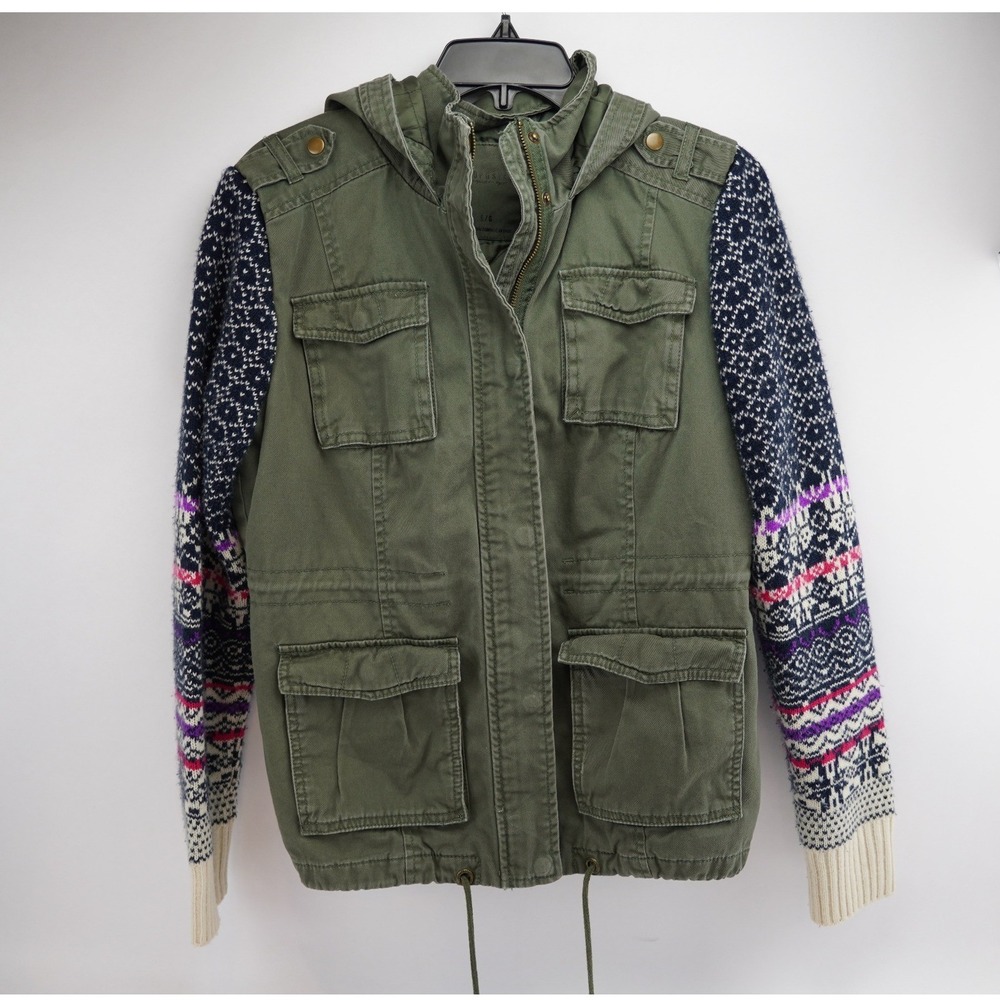 Aeropostale Olive Green Military Jacket Sweater Knit Sleeves Hooded Large